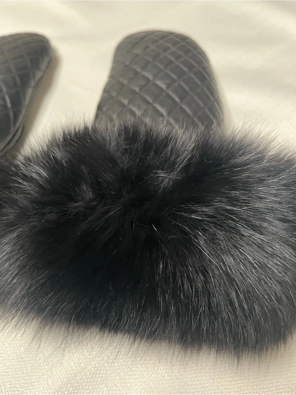 Mitchies Blue Fox Fur Trimmed Quilted Leather Mittens